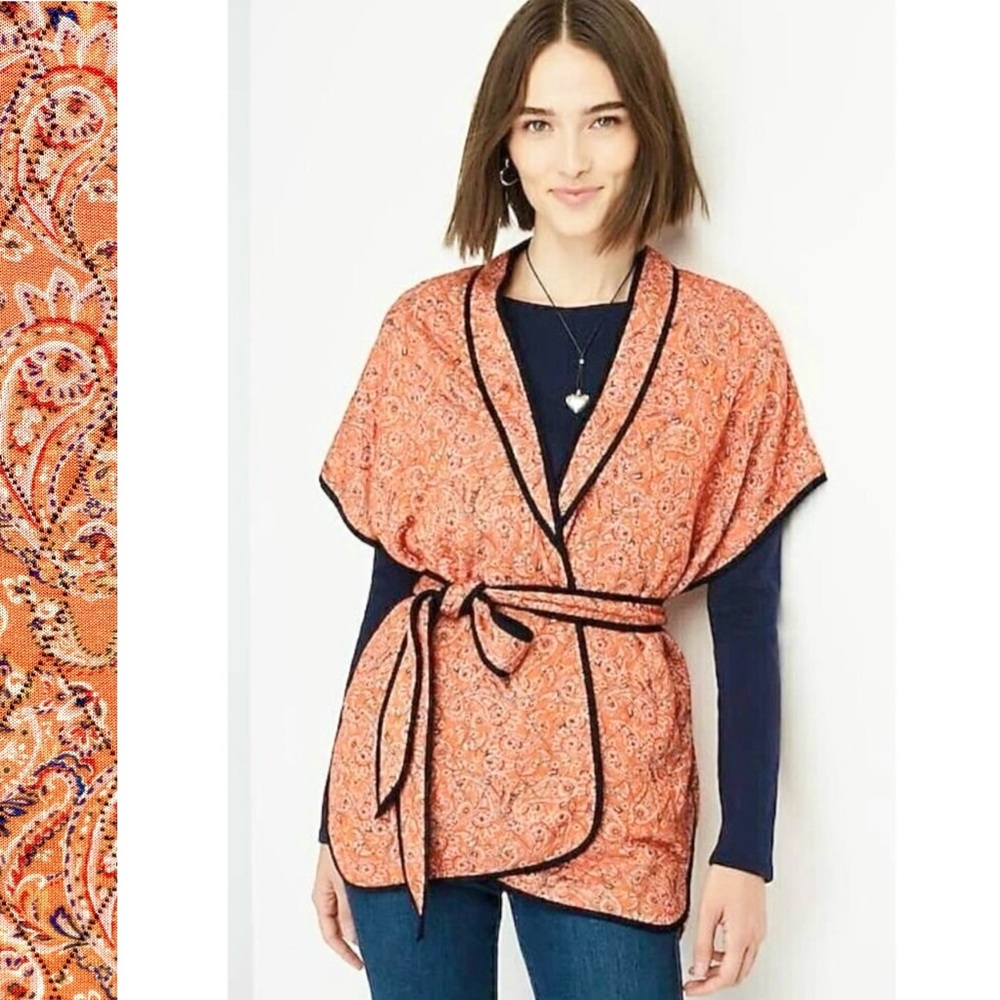 J.Jill Belted Boho Quilted Ruana Jacket Kimono Paisley Print Sunset Carefree
